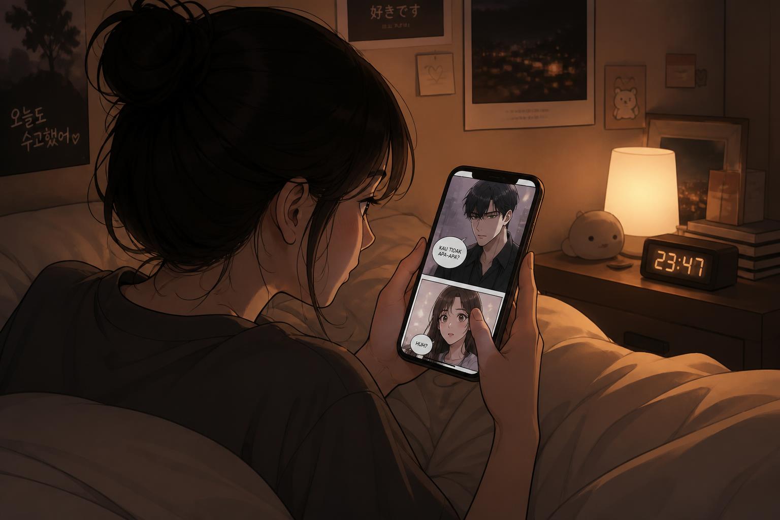 ilustrasi membaca manhwa digital di ponsel malam hari
