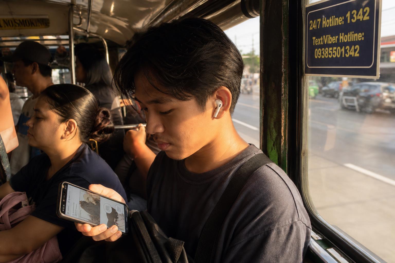 Pinoy na nagbabasa ng webtoon sa telepono habang nasa jeep
