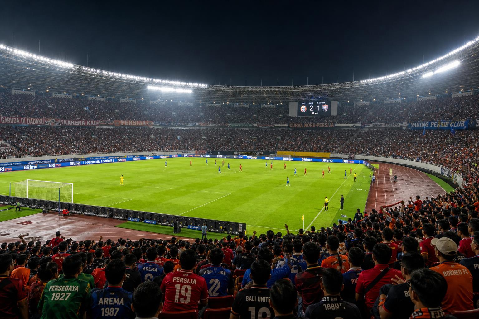 Suasana stadion sepak bola Indonesia saat pertandingan liga berlangsung