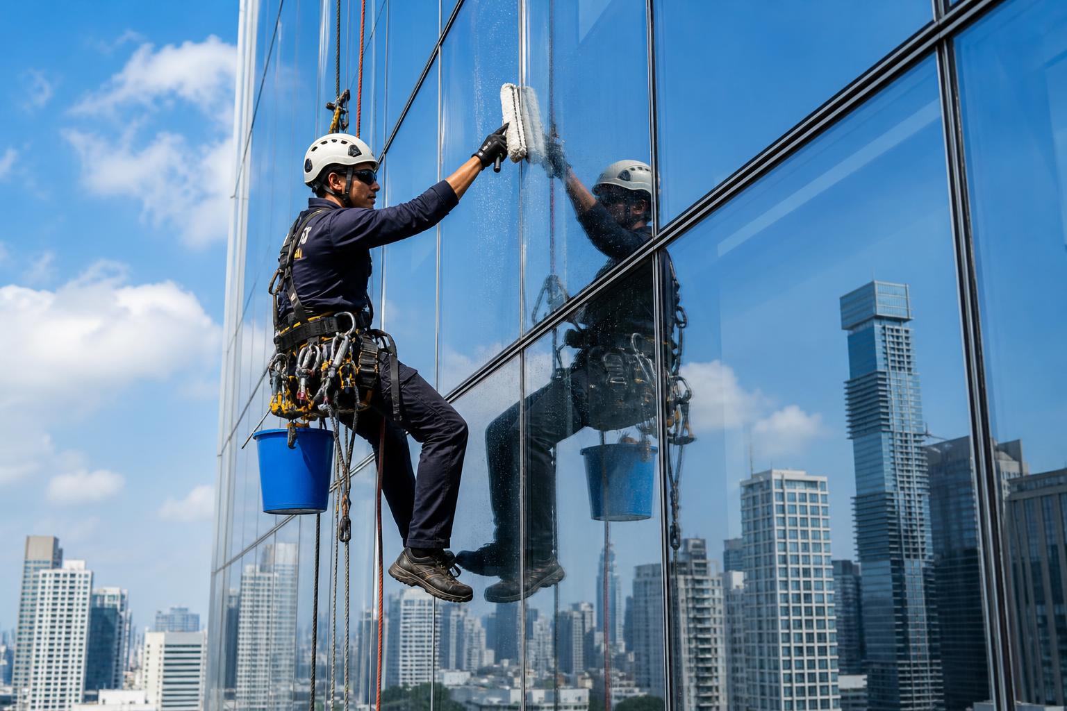 Teknisi membersihkan fasad kaca gedung bertingkat dengan teknik rope access