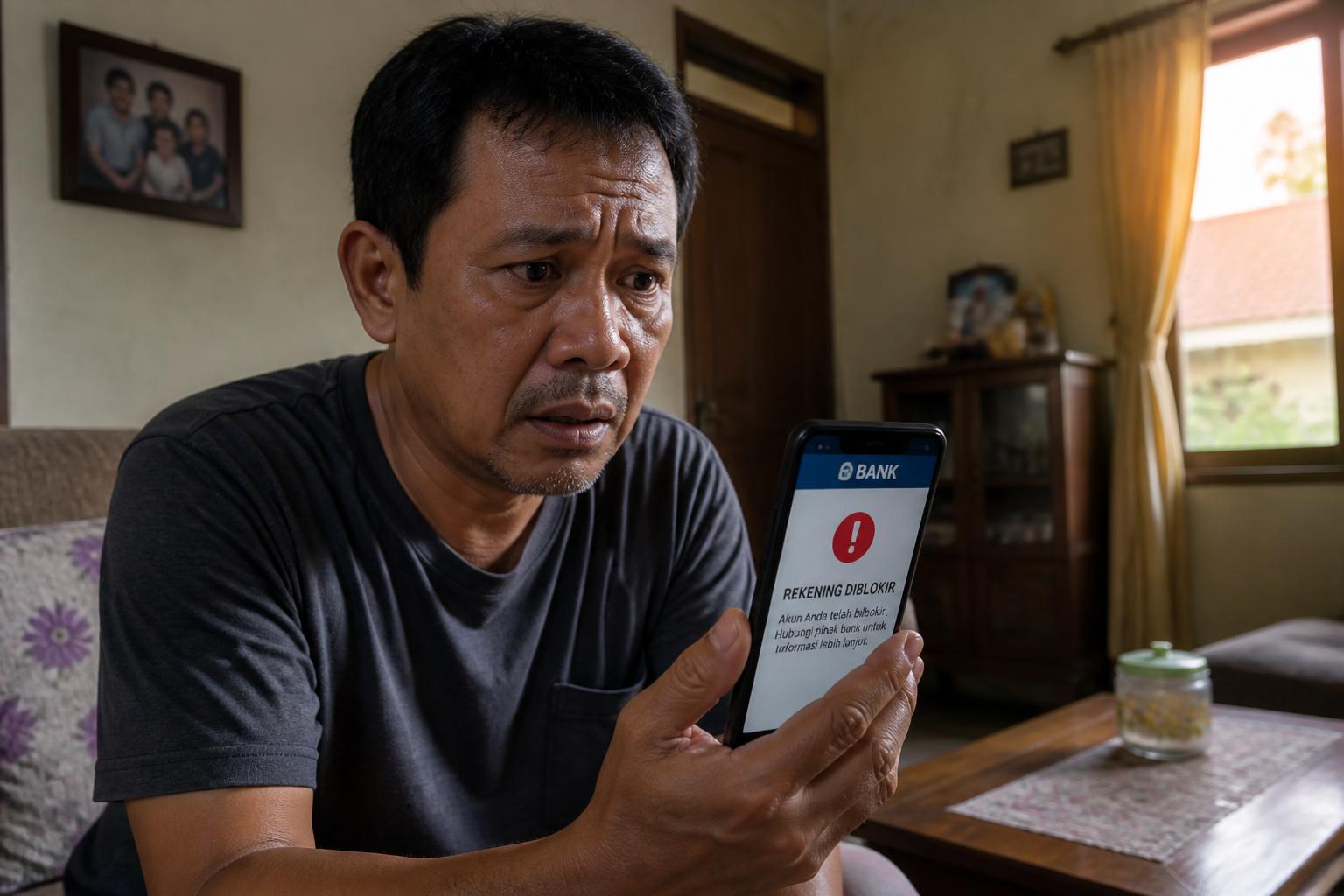 Seseorang panik melihat notifikasi rekening bank diblokir di ponsel