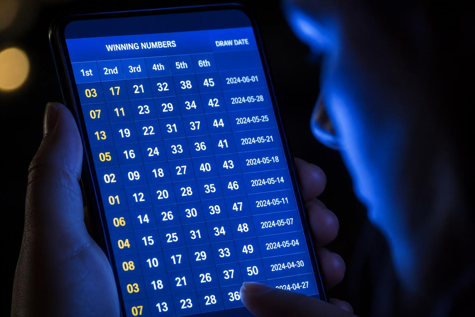 Layar ponsel menampilkan tabel angka togel di ruangan gelap
